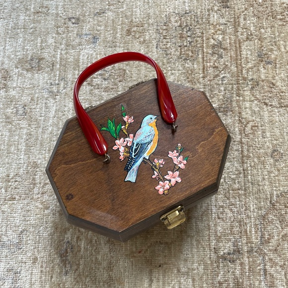 Hand Made Vintage Wooden Mini Bag with Red Handle - Picture 3 of 11